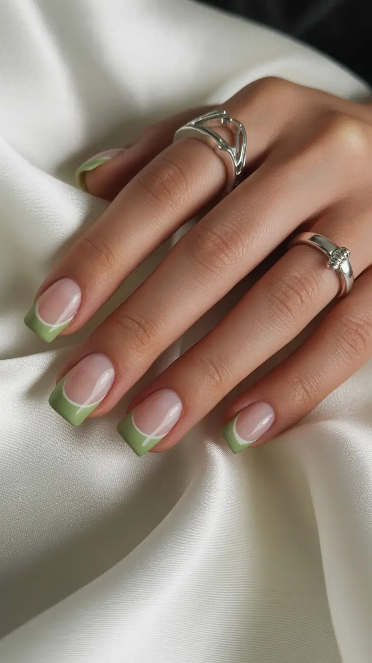 pretty spring nails acrylic 2026 Sage Green French Acrylic Nails with a Soft Minimal Finish