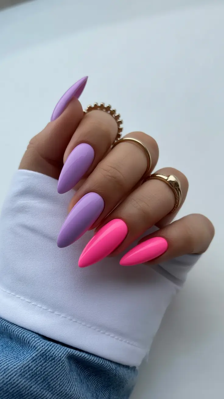 pretty spring nails acrylic 2026 Playful Pink and Purple Almond Acrylic Nails for a Bold Spring Mood