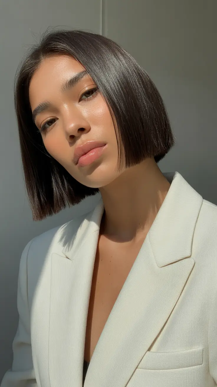 simple spring short hairstyles 2026 Sharp Executive Bob With Gloss Finish