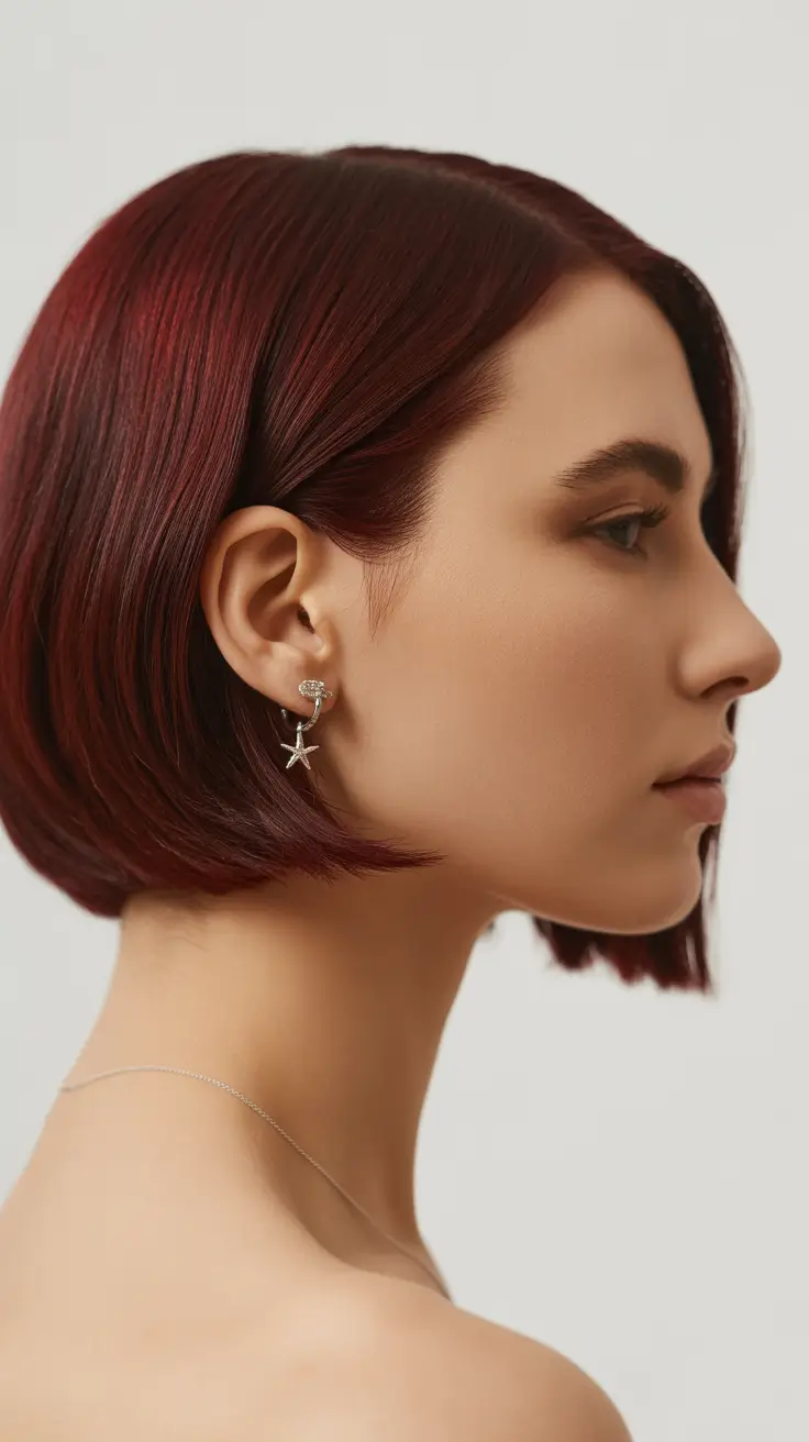 simple spring short hairstyles 2026 Deep Auburn Graphic Bob With Sleek Edge