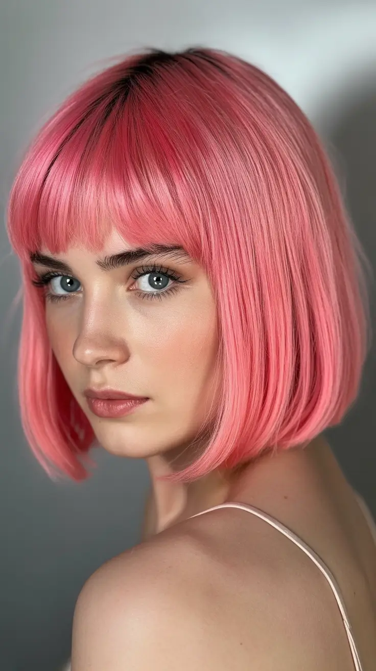 simple spring short hairstyles 2026 Playful Bubblegum Bob With Blunt Fringe