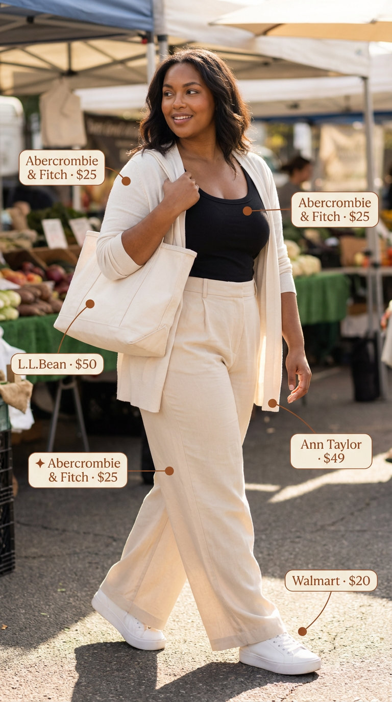 Comfortable simple summer outfits for women 2026 featuring beige wide-leg trousers, a black tank top, and white platform sneakers for a weekend getaway.