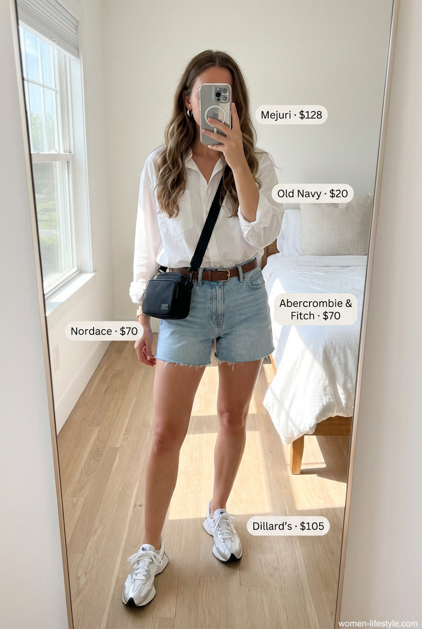 High-waisted distressed light wash denim shorts paired with a crisp white oversized button-down shirt create a simple summer outfit for women, finished with white sneakers, thin silver hoop earrings, and a black crossbody bag for city exploration.