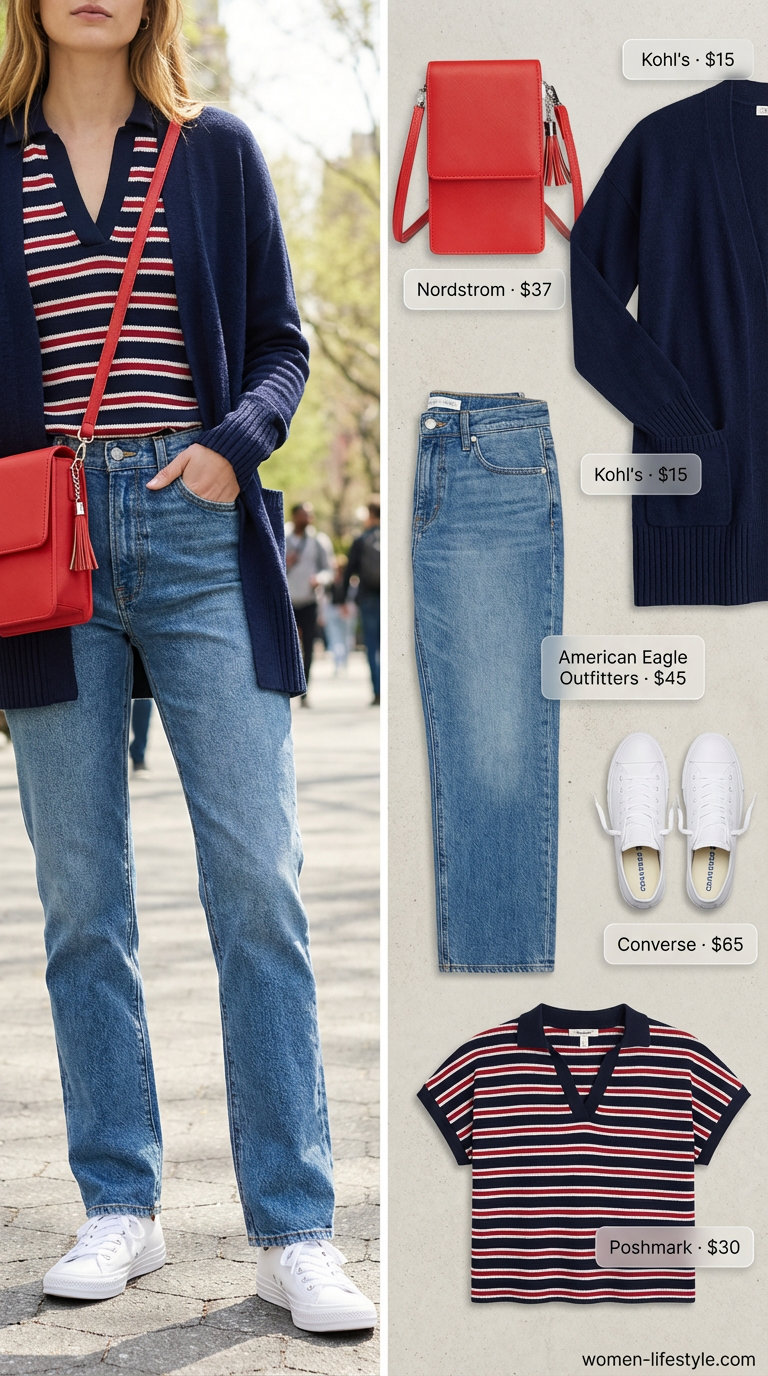 Comfortable simple summer outfits for women 2026 featuring striped knit top, medium wash straight-leg jeans, white sneakers, and a red crossbody, perfect for city strolls.