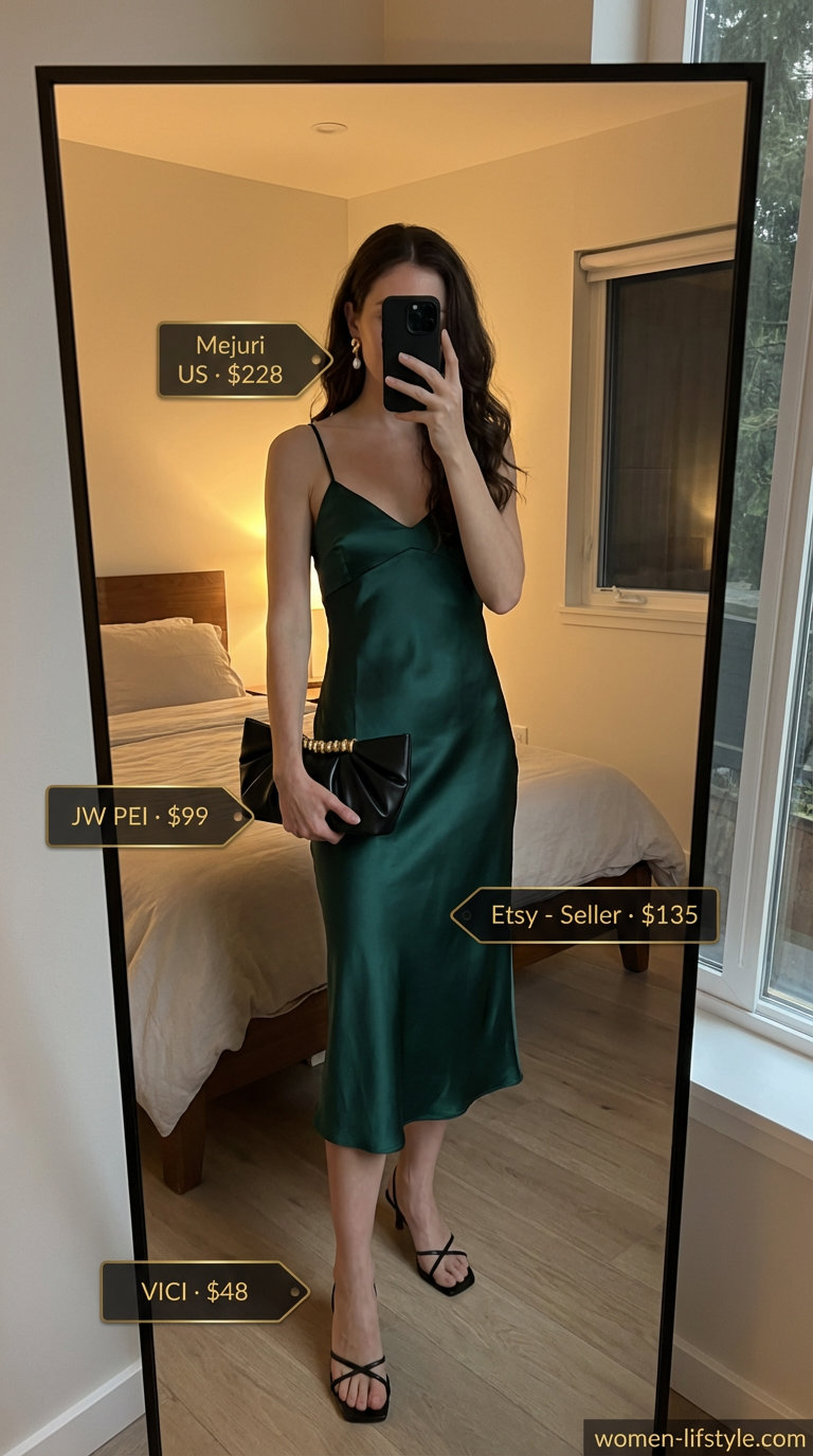 Elegant simple summer outfits for women 2026, an emerald green satin midi slip dress with black heels and gold and pearl earrings for evening.