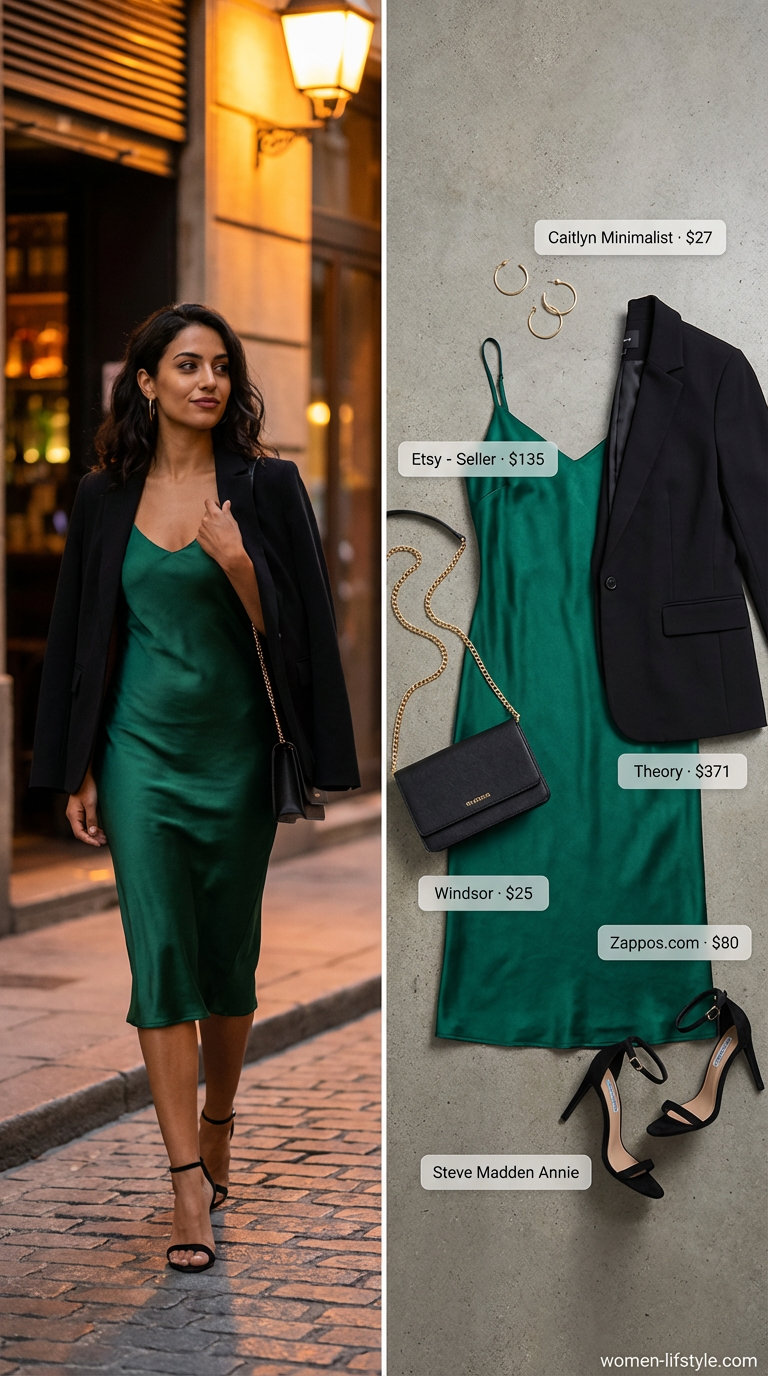 Elegant simple summer outfits for women 2026: an emerald green satin slip dress layered with a black blazer, strappy heels, a mini shoulder bag, and gold hoops for evening cocktails.