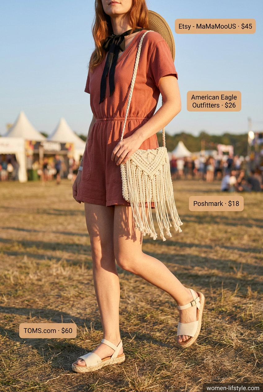 A terracotta orange button-front romper forms playful simple summer outfits for women, styled with cream woven crossbody bag, flat espadrille sandals, and a wide-brim straw hat for festival vibes.
