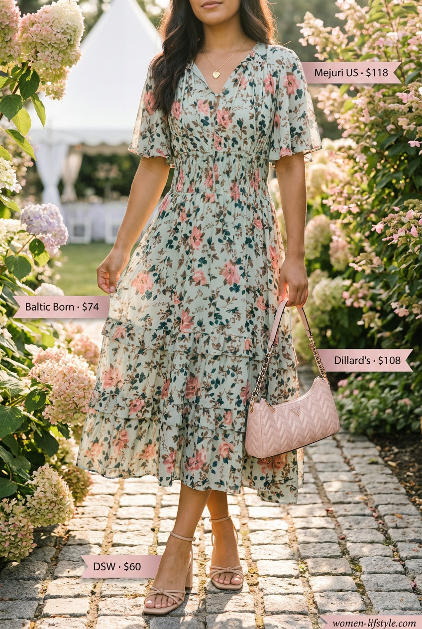 Feminine simple summer outfits for women 2026 showing a soft green floral midi dress, nude sandals, and delicate gold necklace for a garden party.