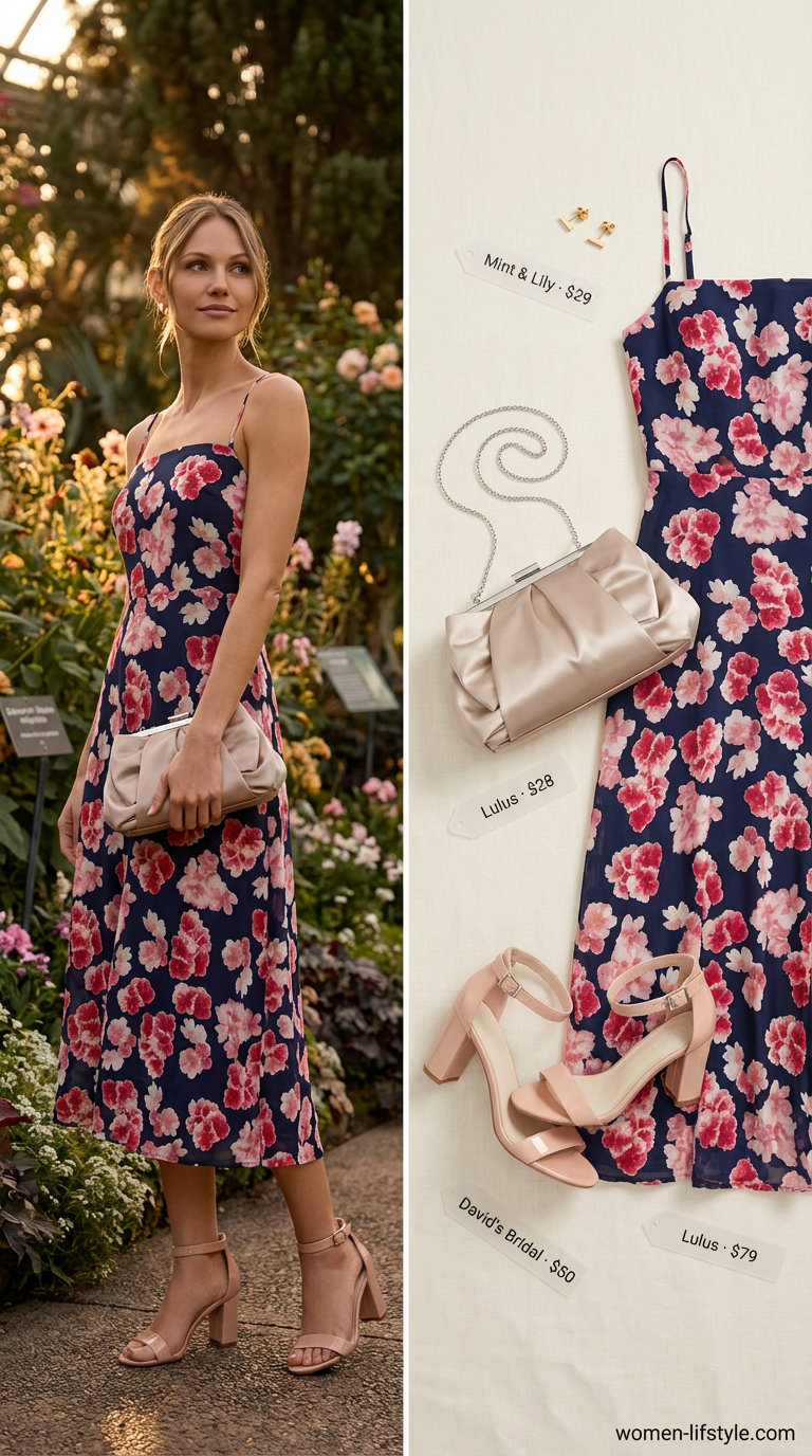Feminine simple summer outfits for women 2026: a navy floral midi dress, nude block heel sandals, a satin clutch, and gold stud earrings, perfect for a garden party.