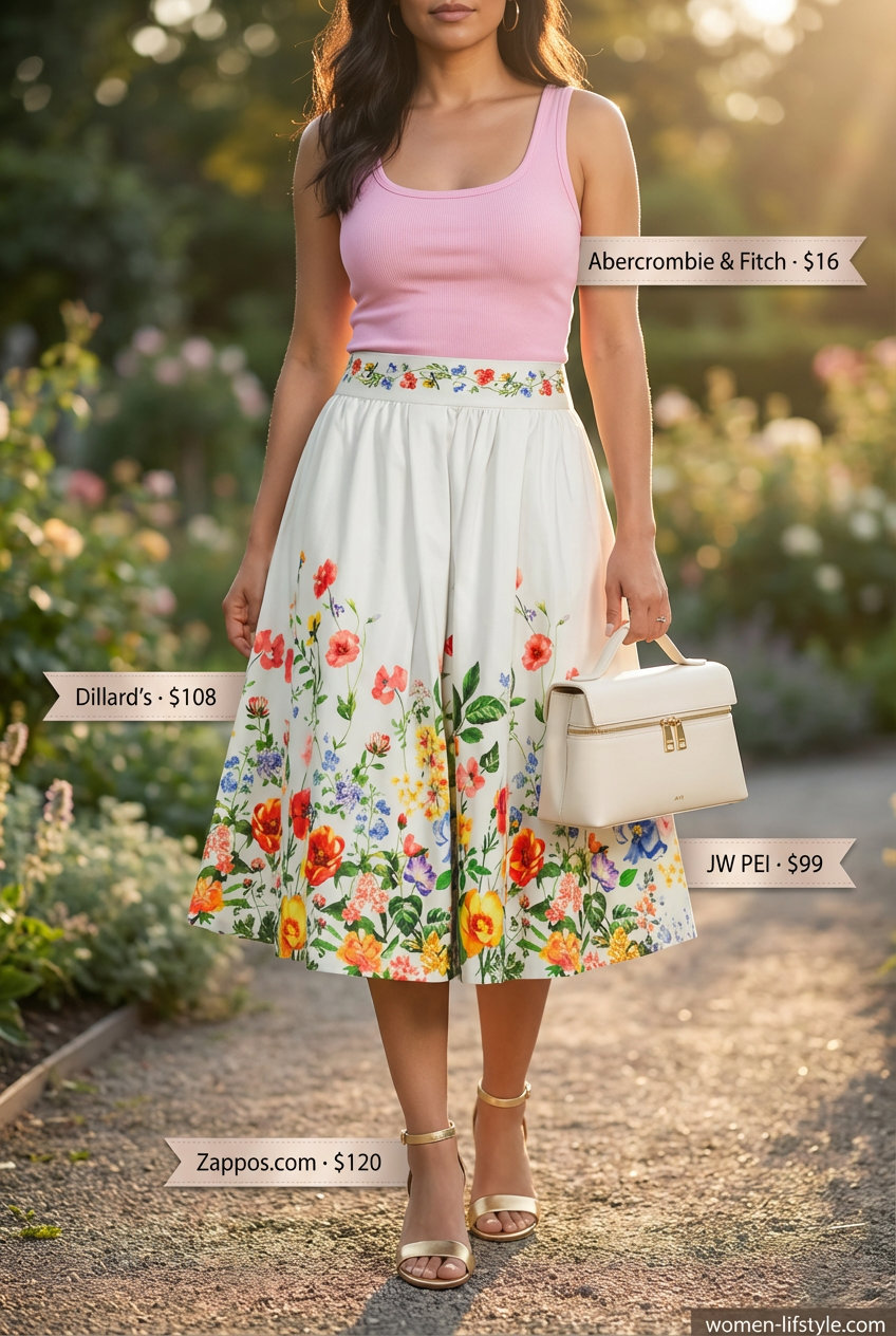 A blush pink ribbed knit crop top and a white floral print midi skirt create elegant simple summer outfits for women, accessorized with gold block heel sandals and a white top-handle bag perfect for a garden party.
