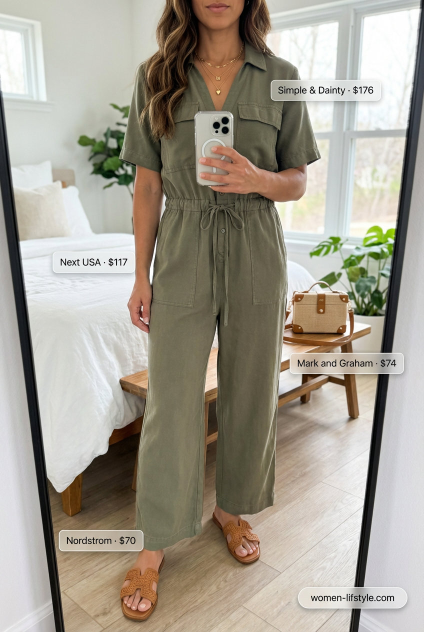 Effortless simple summer outfits for women 2026 with a khaki green utility jumpsuit, tan slide sandals, and layered gold necklaces for a weekend escape.