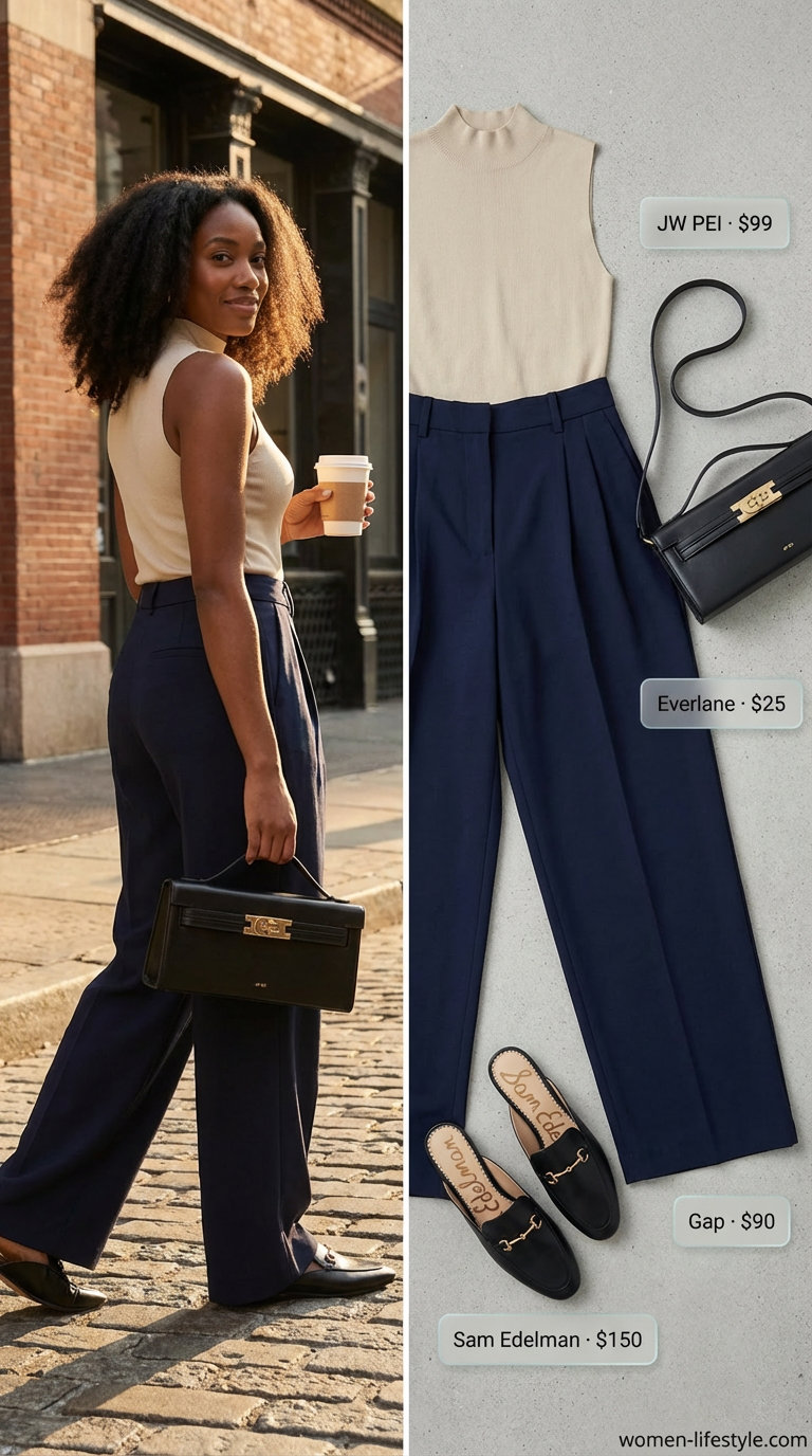 Chic simple summer outfits for women 2026 including navy wide-leg crepe pants, a cream mock neck top, black flat mules, and a structured handbag for an art gallery.