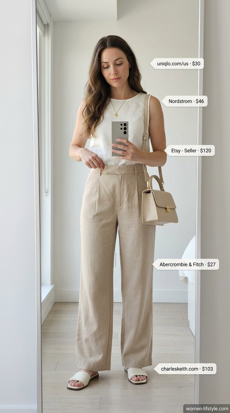 Sophisticated simple summer outfits for women 2026 featuring off-white wide-leg linen pants, a matching top, and beige leather sandals for a monochrome look.