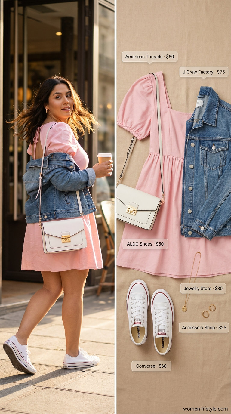 Playful simple summer outfits for women 2026: a soft pink A-line dress, light wash denim jacket, white canvas sneakers, and a white crossbody for a city wander.