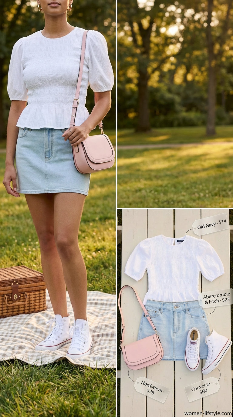 Playful simple summer outfits for women 2026 featuring a white puff-sleeve top, light wash denim mini skirt, canvas sneakers, and a blush pink crossbody for a picnic.