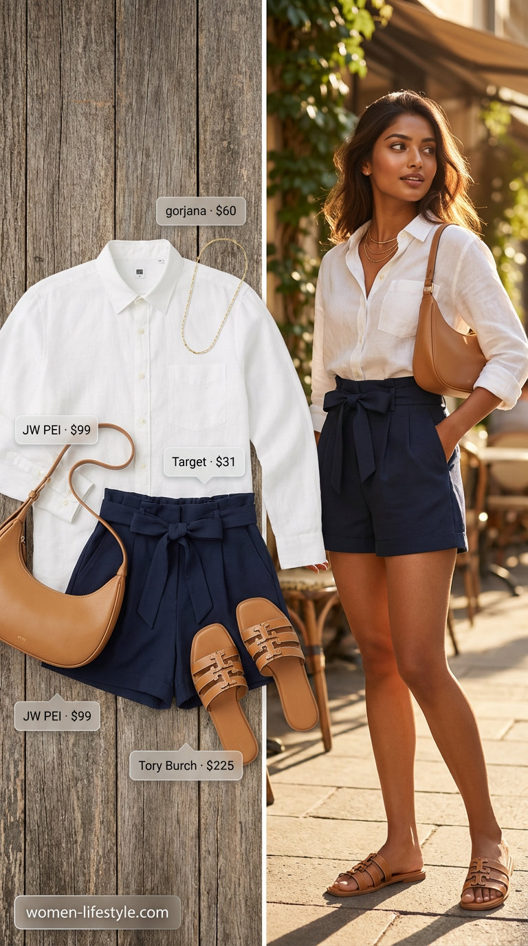 A relaxed fit white linen button-down shirt, navy blue tailored paper-bag waist shorts, tan flat slide sandals, and a cream mini shoulder bag offer chic simple summer outfits for women ideal for a Riviera brunch.