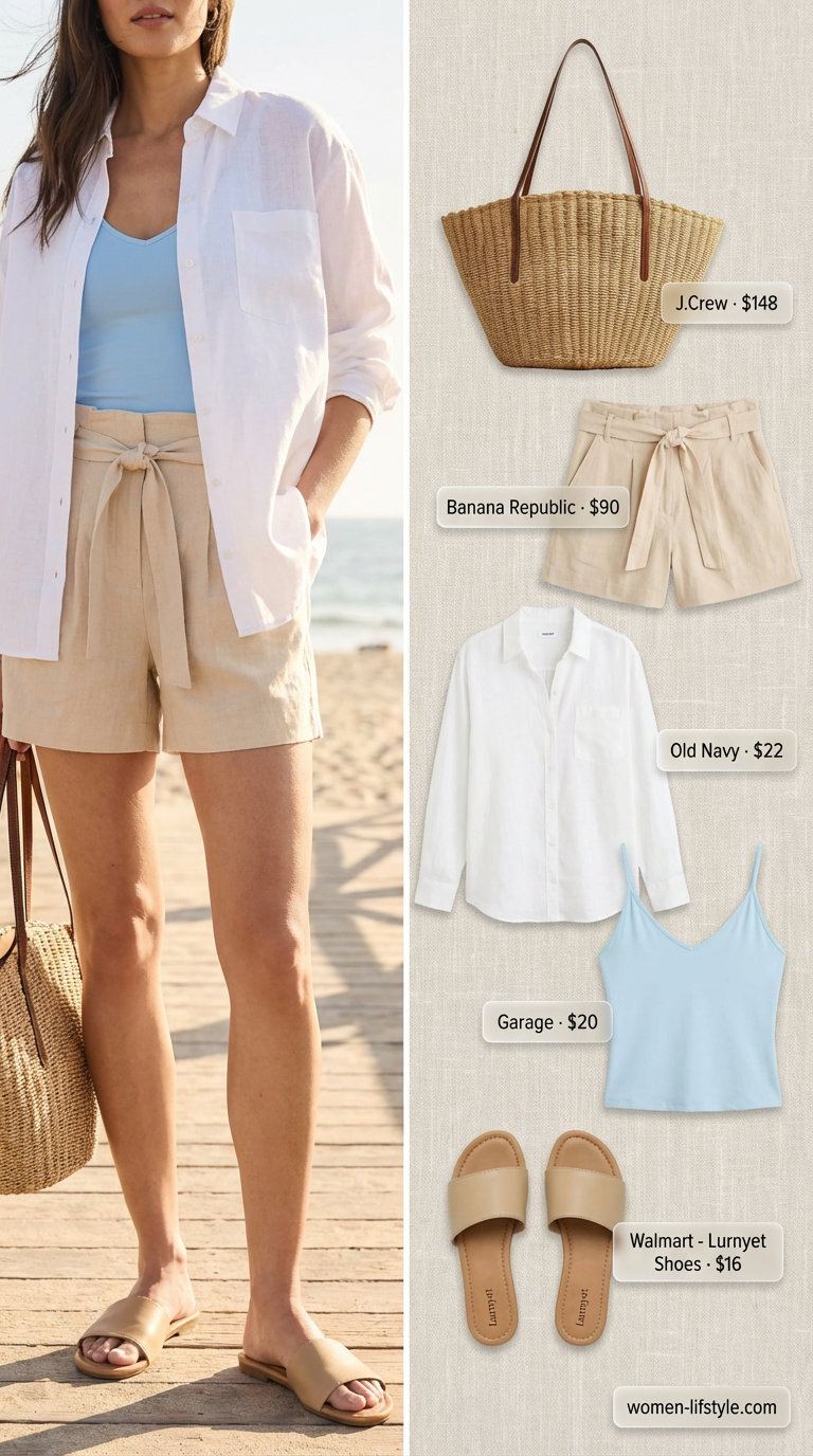 Chic simple summer outfits for women 2026 featuring a white linen button-down, sky blue camisole, natural linen shorts, slide sandals, and a straw tote for brunch.