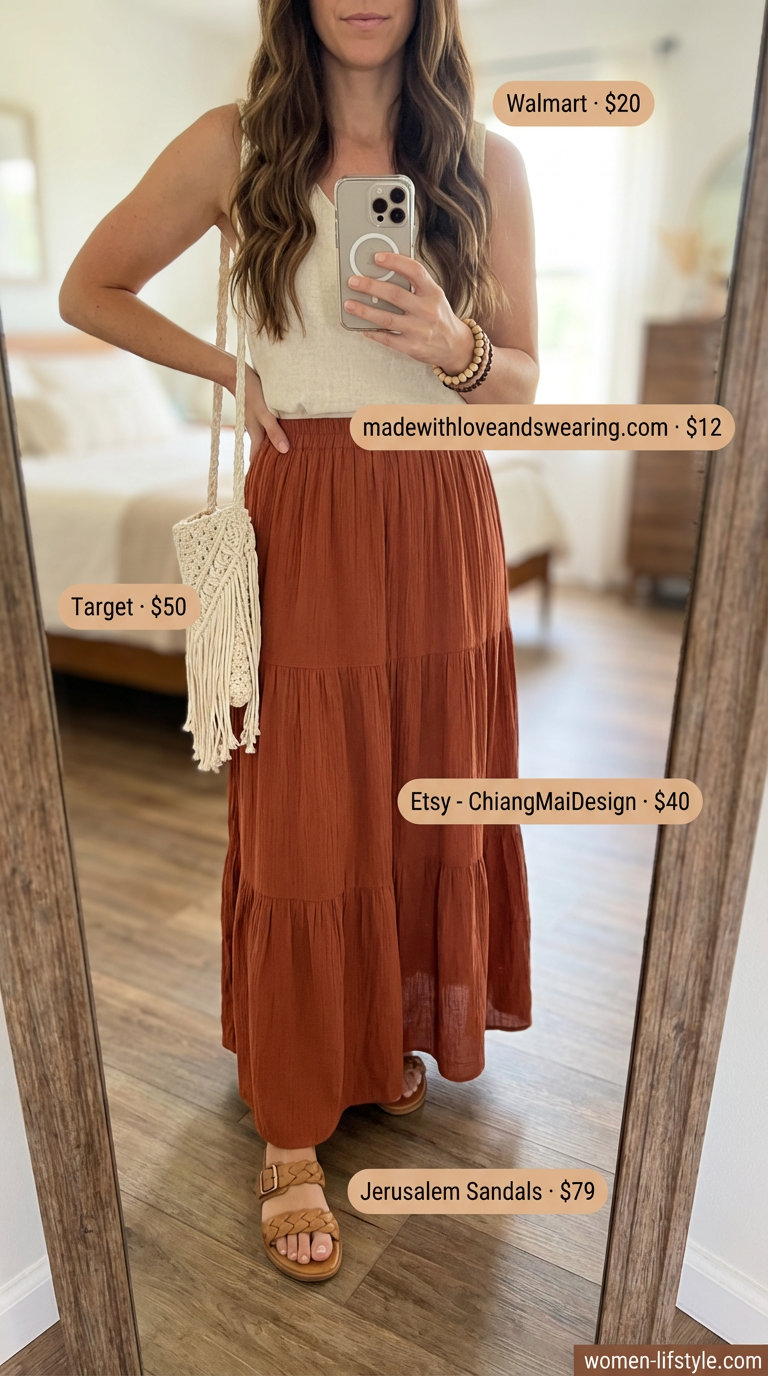 Free-spirited simple summer outfits for women 2026 with a rust orange tiered maxi skirt, cream linen tank, and crochet hobo bag for a beach day.