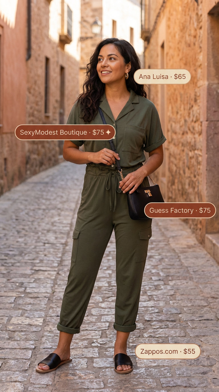 A chic khaki green cotton twill utility jumpsuit with a cinched waist forms a simple summer outfit for women, accessorized with black slide sandals, a black crossbody bag, and gold hoop earrings for a modern safari adventure.