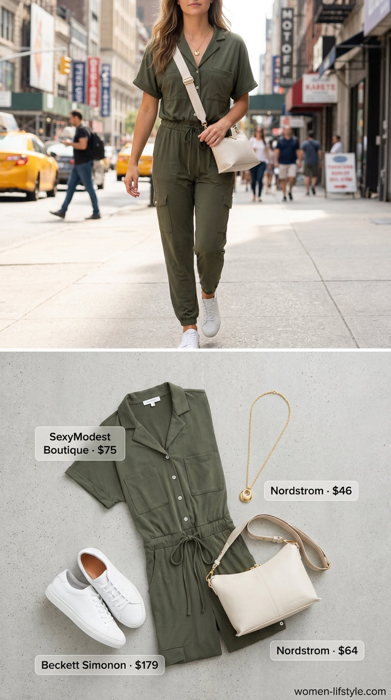 Stylish simple summer outfits for women 2026: a khaki green utility jumpsuit, white sneakers, a cream crossbody, and a gold pendant necklace for an urban safari.