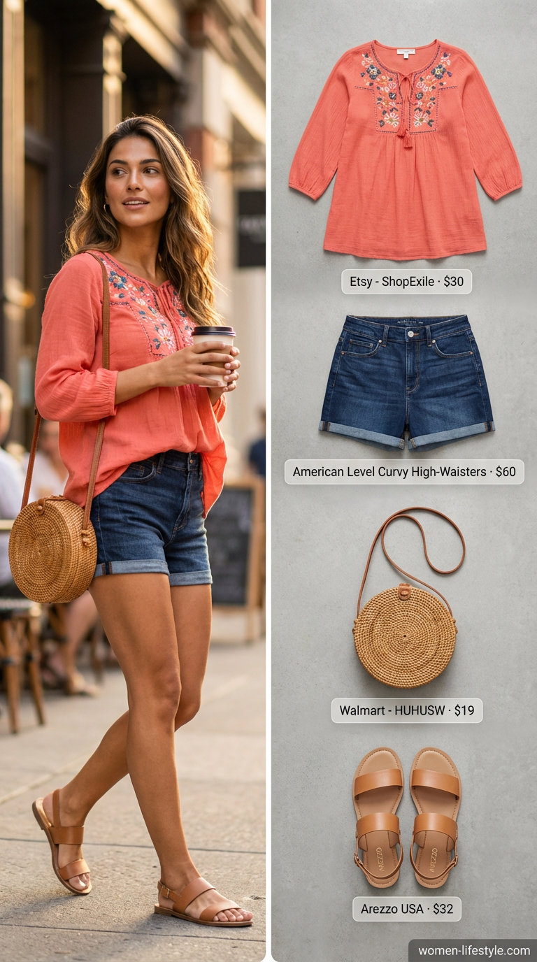Relaxed simple summer outfits for women 2026 including a coral embroidered peasant blouse, dark wash denim shorts, slide sandals, and a straw crossbody for a getaway.