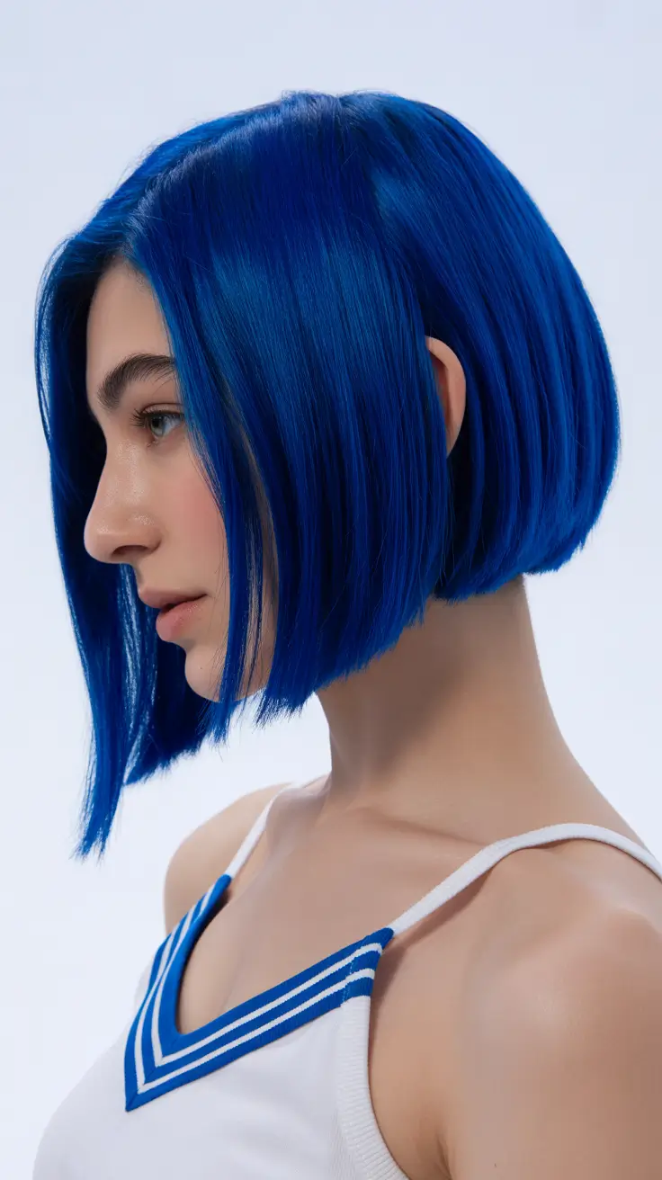 soft spring short haircut styles 2026 Electric Blue Statement Bob with Graphic Precision