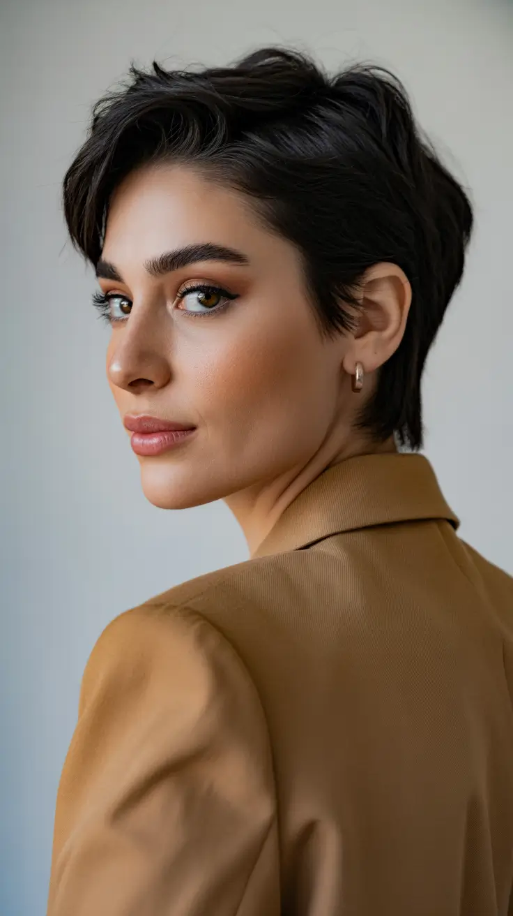 soft spring short haircut styles 2026 Textured Brunette Pixie with Soft Spring Volume