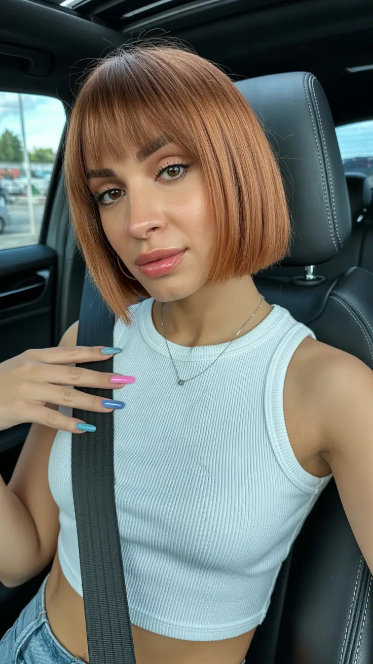 soft spring short haircut styles 2026 Soft Copper Bob with Feathered Spring Bangs