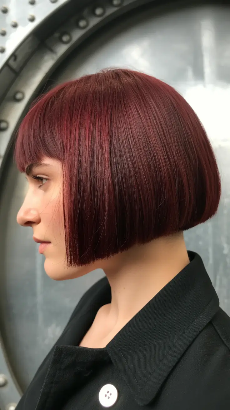 soft spring short haircut styles 2026 Bold Burgundy Precision Bob with Sculpted Shape