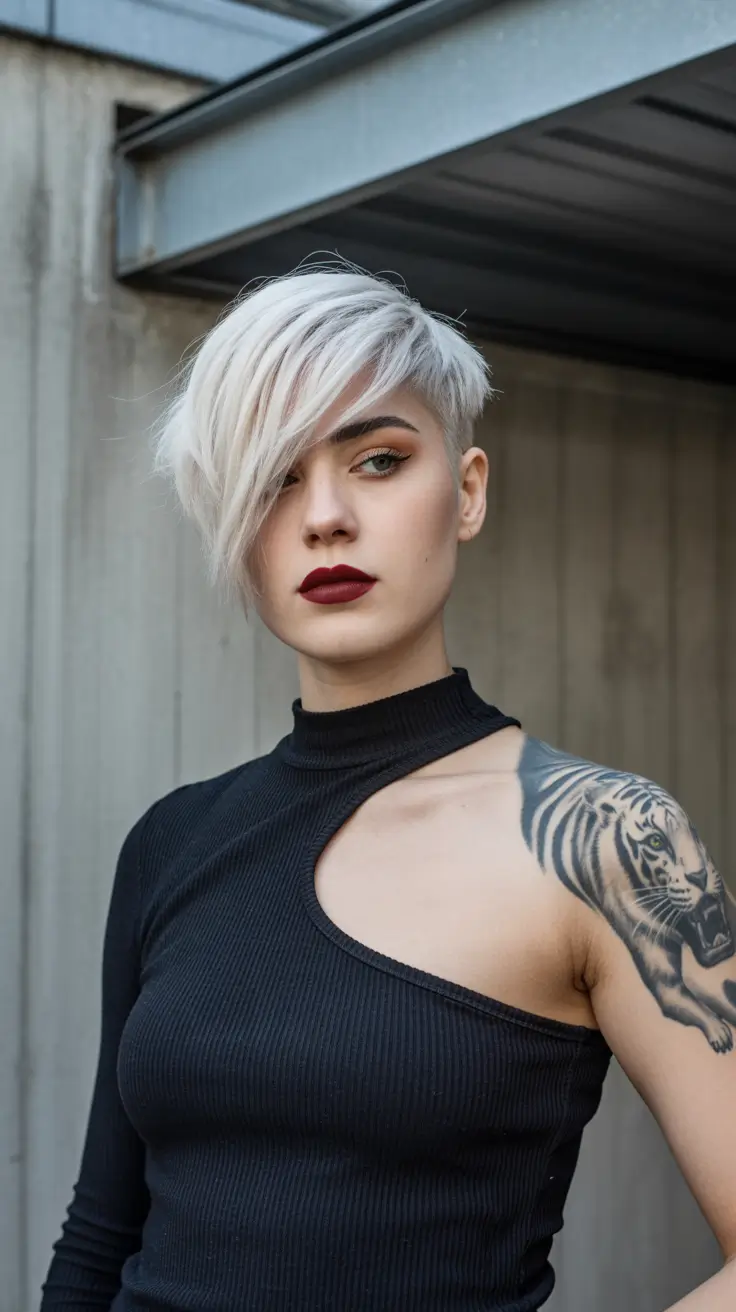 soft spring short haircut styles 2026 Platinum Undercut Pixie with Dramatic Side Sweep