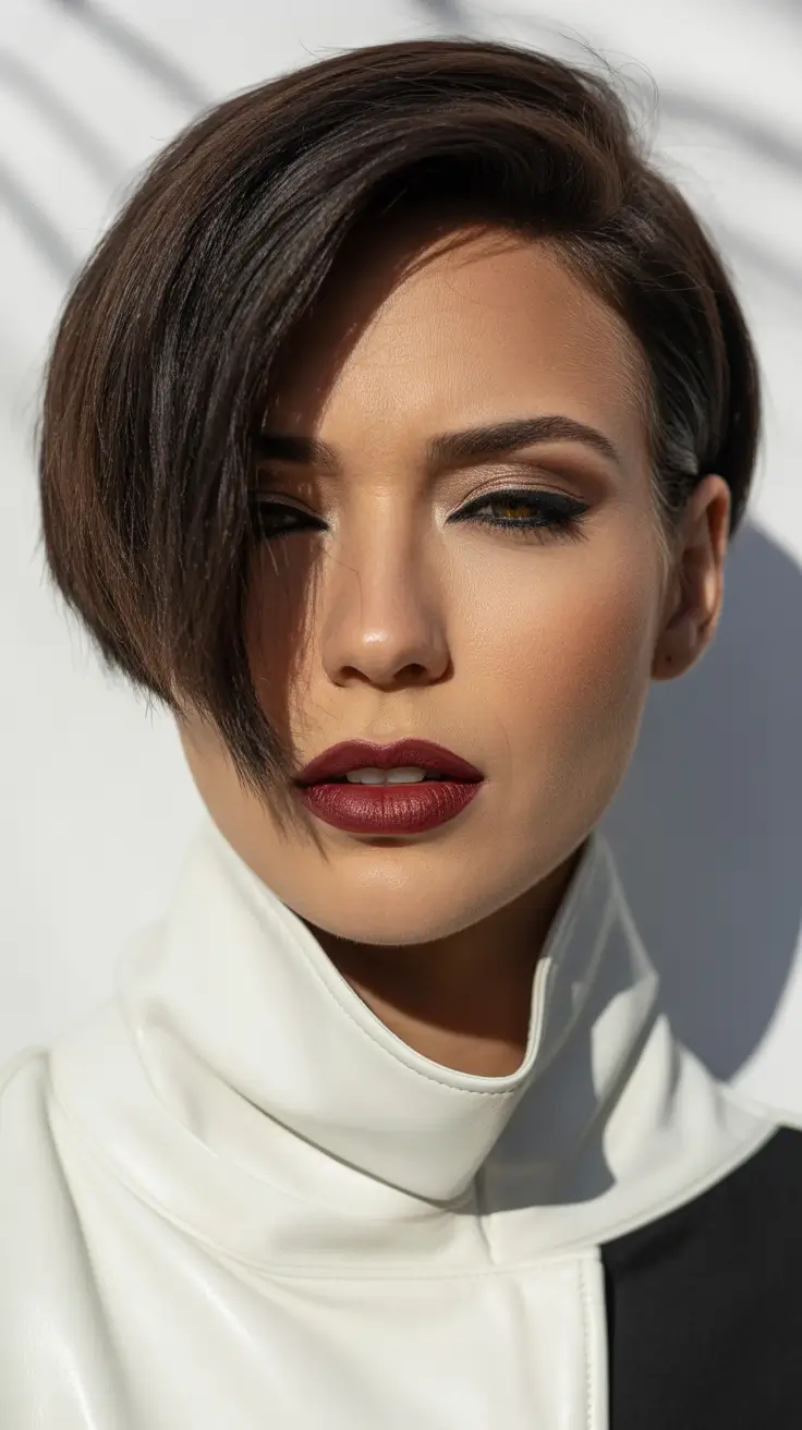 soft spring short haircut styles 2026 Elegant Side Swept Brunette Bob with Sculpted Volume