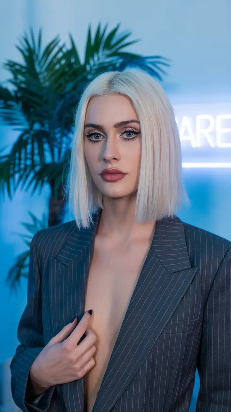 soft spring short haircut styles 2026 Sleek Ice Blonde Precision Bob for Modern Minimalism