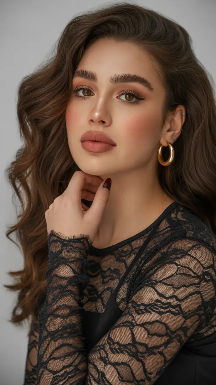 sophisticated spring mid length haircut 2026 Glossy Chocolate Waves with Modern Side Part