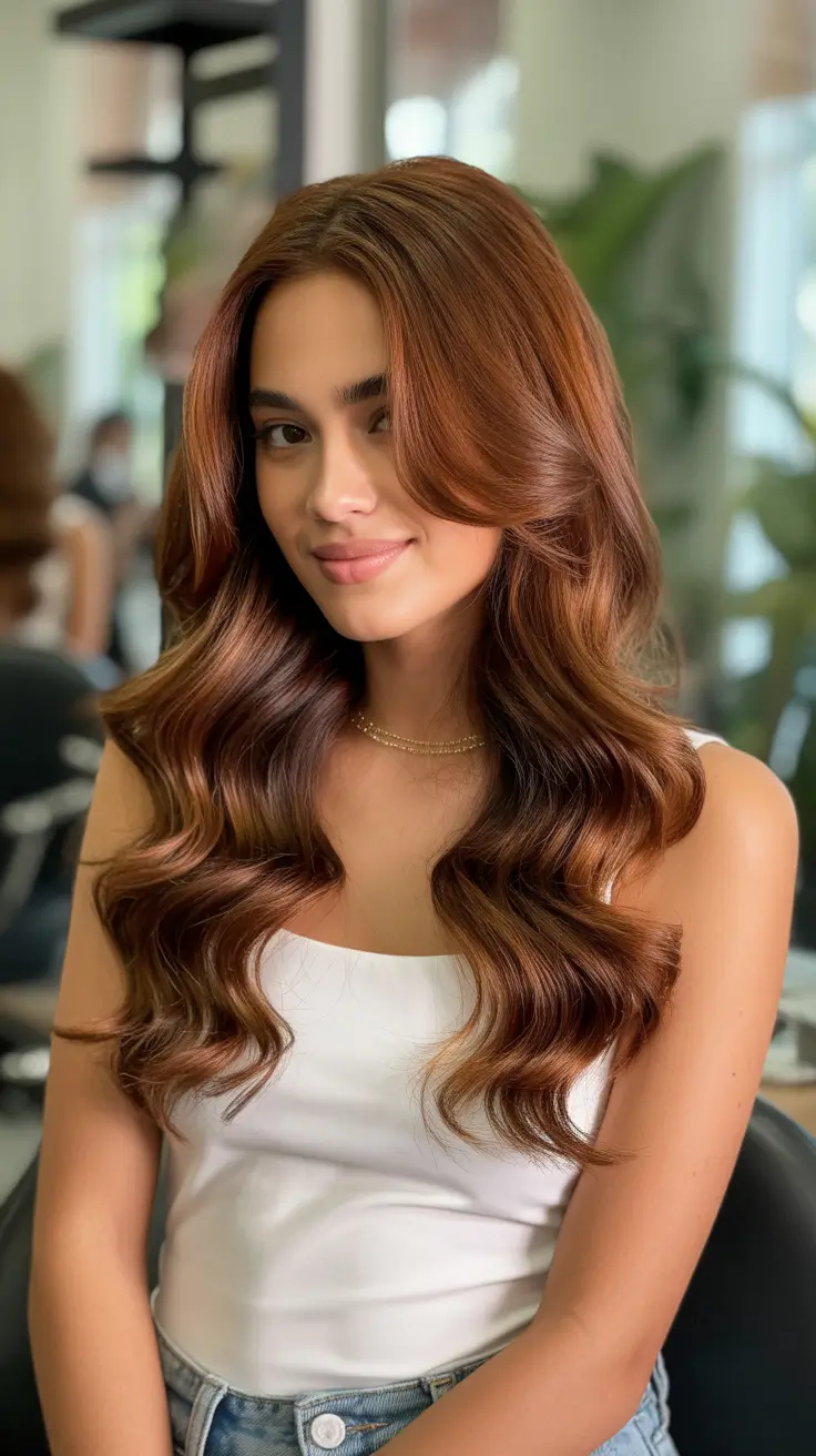 sophisticated spring mid length haircut 2026 Warm Copper Waves with Dimensional Long Layers