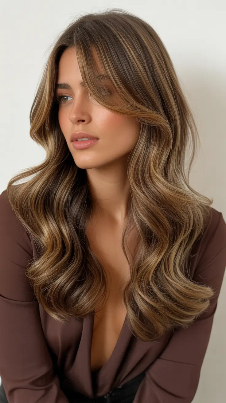 sophisticated spring mid length haircut 2026 Natural Brunette Dimension with Flowing Face Framing Layers