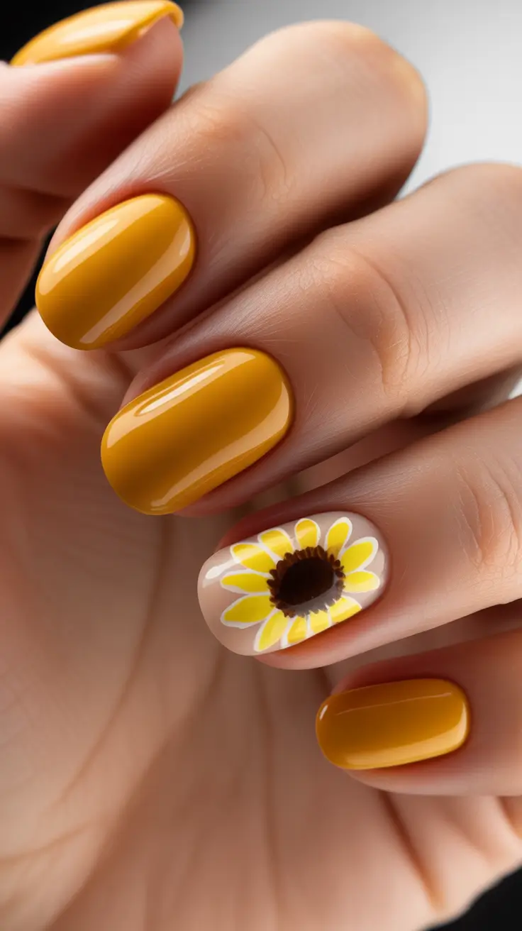 sophisticated spring oval nails 2026 Golden Mustard Daisy Accent Playfulness