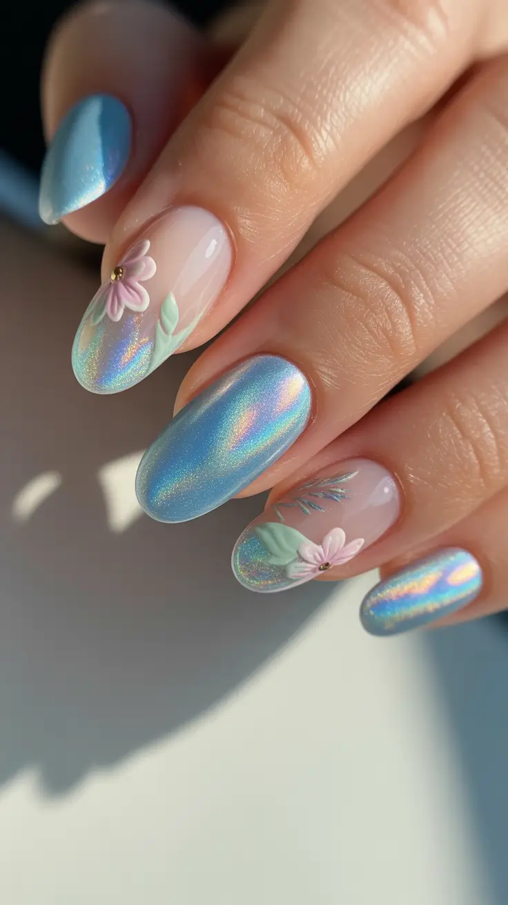 sophisticated spring oval nails 2026 Holographic Sky Floral Daydream