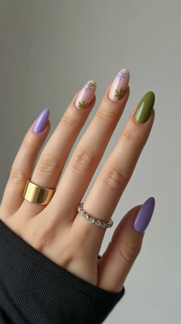 sophisticated spring oval nails 2026 Lavender Meadow and Olive Contrast Elegance