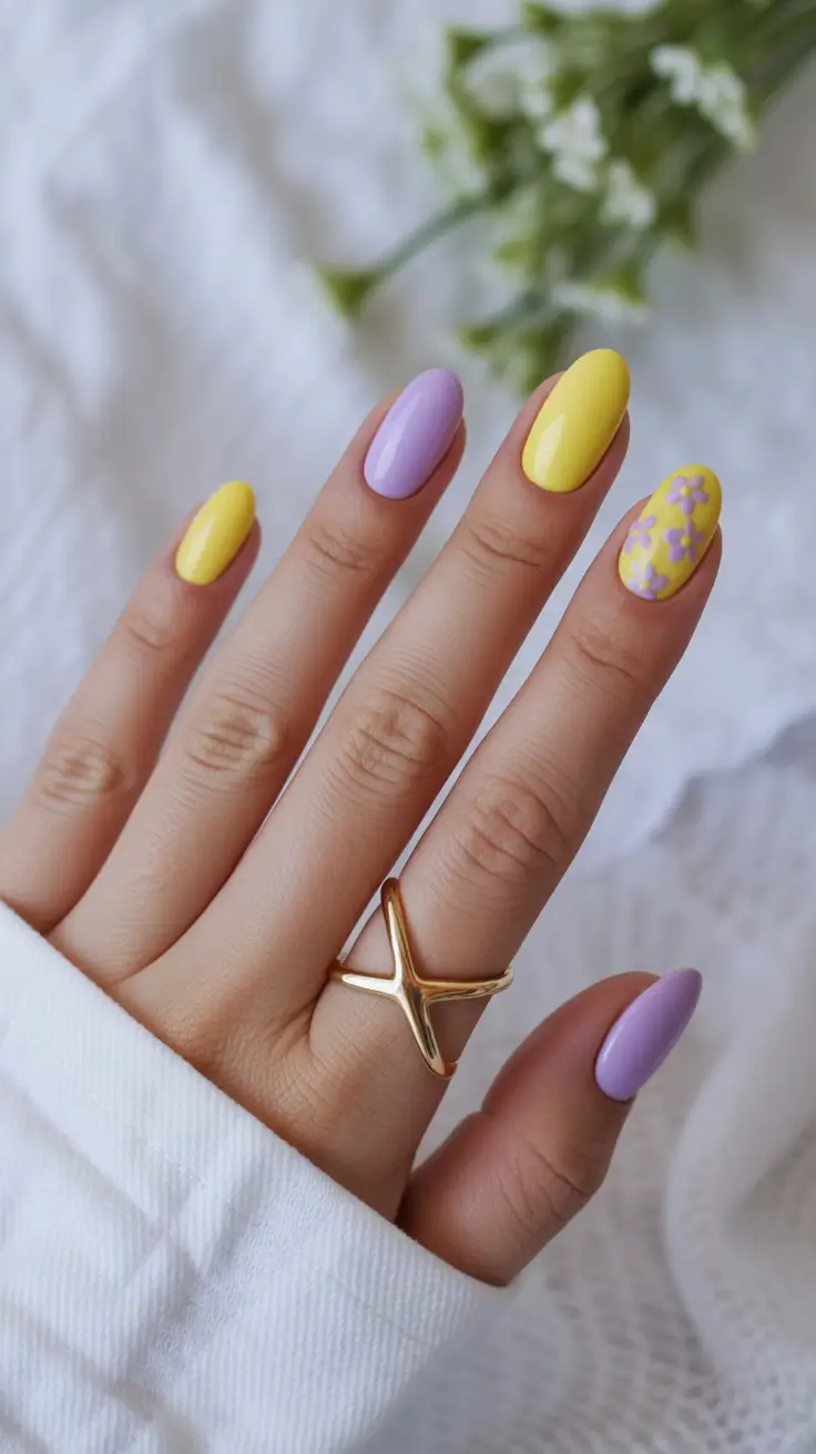 sophisticated spring oval nails 2026 Butter Yellow and Lilac Daisy Softness
