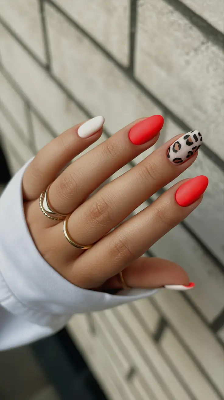 sophisticated spring oval nails 2026 Coral Pop and Chic Animal Accent Energy