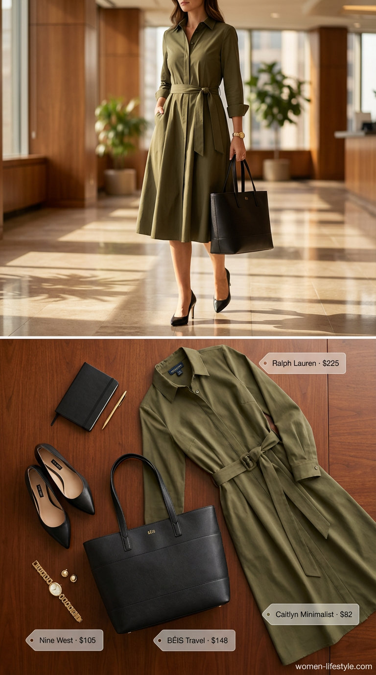 Effortless Executive Summer Business Casual 2026 outfit with an olive green midi shirt dress, black block heel pumps, a structured tote bag, and a gold watch, perfect for client lunches.