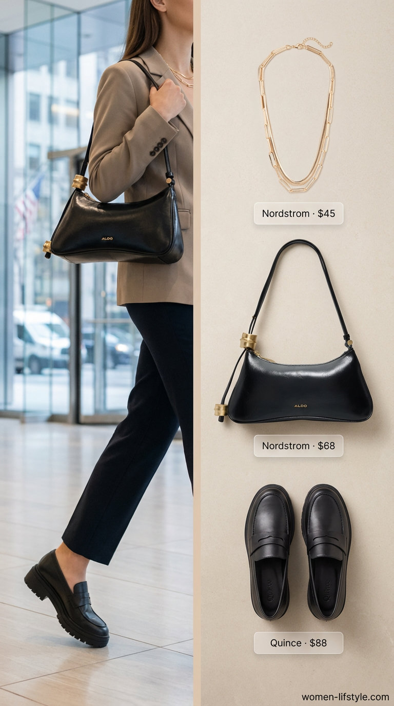 Chic co-ord Summer Business Casual Outfits 2026 featuring a beige linen blend matching vest and wide-leg trousers, black loafers, and layered gold necklaces. For workshops.