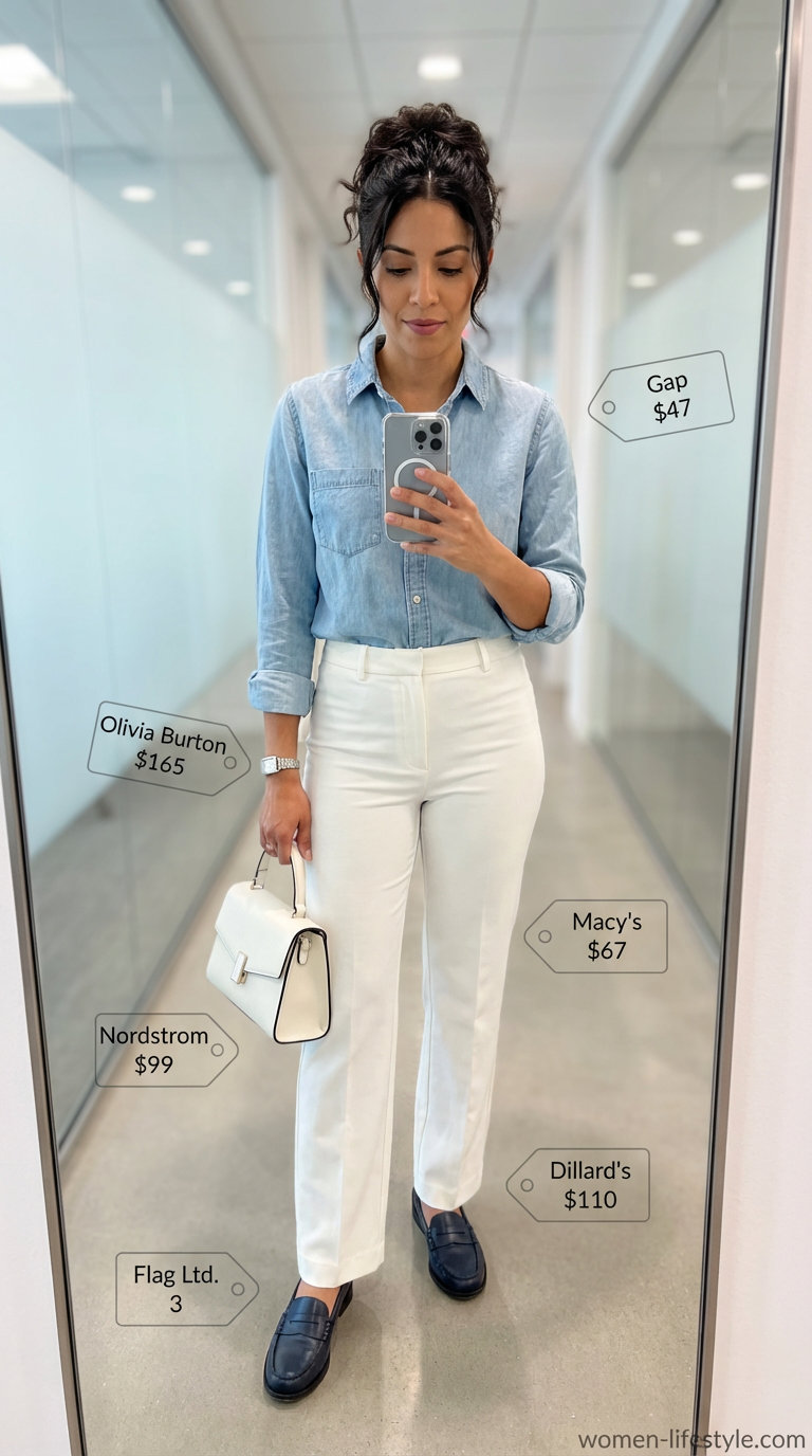 A crisp white and blue contrast outfit featuring high-waisted straight-leg tailored trousers, styled for Summer Business Casual Outfits 2026. This polished look includes a light blue chambray button-down shirt, navy leather loafers, a white structured shoulder bag, and a delicate silver watch, ideal for a casual Friday or office.