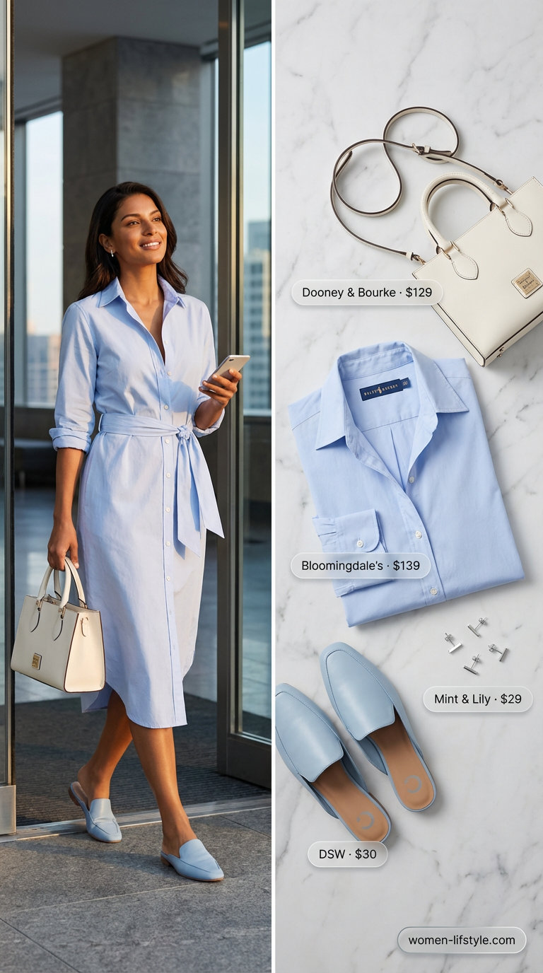 A light blue cotton poplin midi shirt dress with a belt, styled for Summer Business Casual Outfits 2026. Paired with white vegan leather flat mules and a structured off-white top-handle bag, perfect for an office or client lunch look.