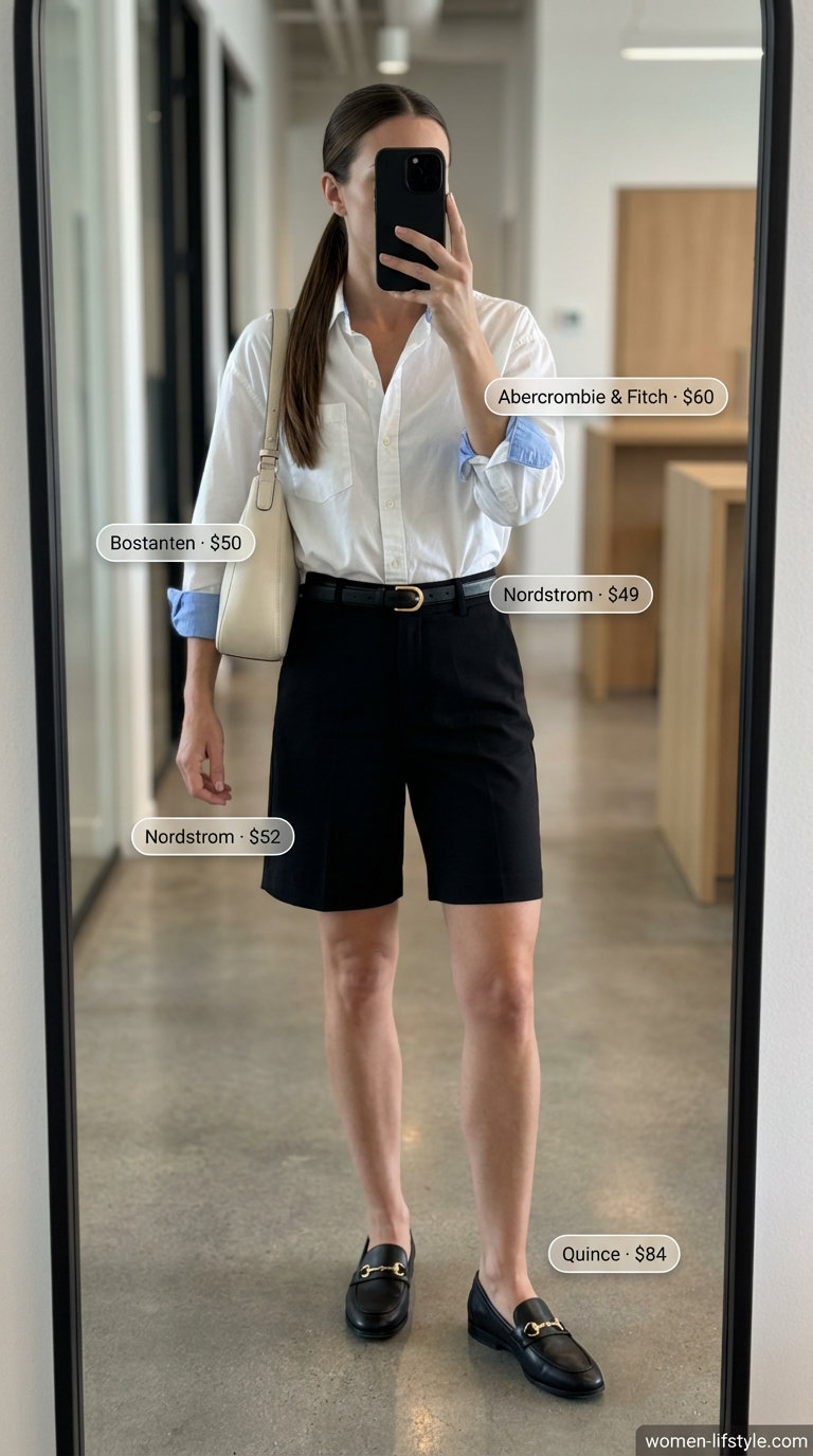 Modern corporate chic Summer Business Casual Outfits 2026 featuring black tailored Bermuda shorts, a white oversized shirt, and black loafers. Great for conferences.