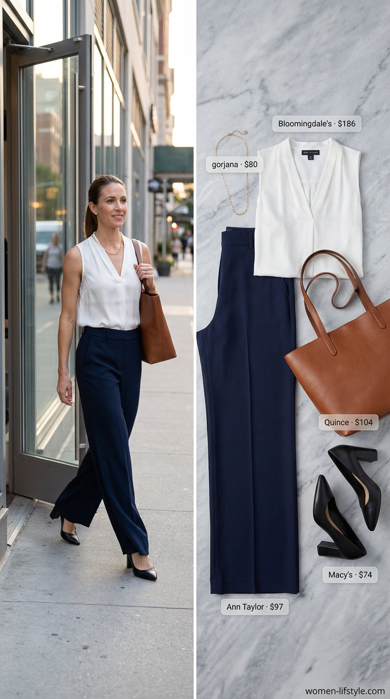 The modern professional Summer Business Casual Outfits 2026 with navy wide-leg trousers, a white silk blend blouse, nude block heels, and a cognac tote bag. For meetings.