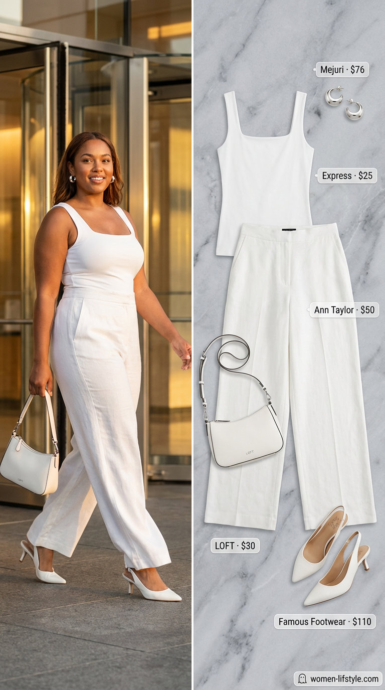 A modern monochromatic white outfit for Summer Business Casual Outfits 2026, featuring optic white linen blend high-waisted wide-leg tailored pants. Paired with a white sleeveless knit tank, white leather kitten heels, a metallic silver shoulder bag, and silver hoop earrings, perfect for the office or business lunch.