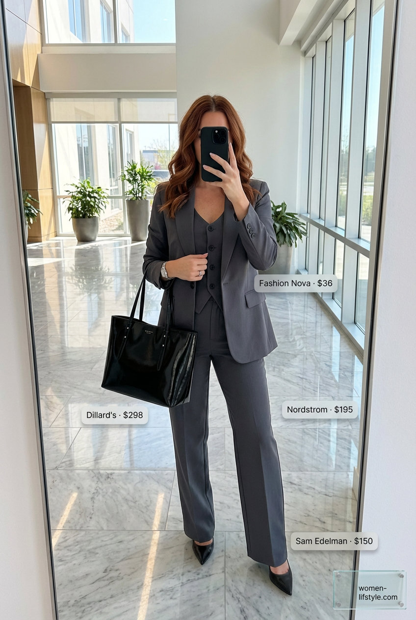 A 'Monochrome Power Suit' in charcoal grey twill blend featuring a tailored vest and wide-leg trousers matching set, ideal for Summer Business Casual Outfits 2026. This powerful look includes a black silk camisole, black leather pumps, a black patent leather tote, and a silver watch, suitable for a board meeting.