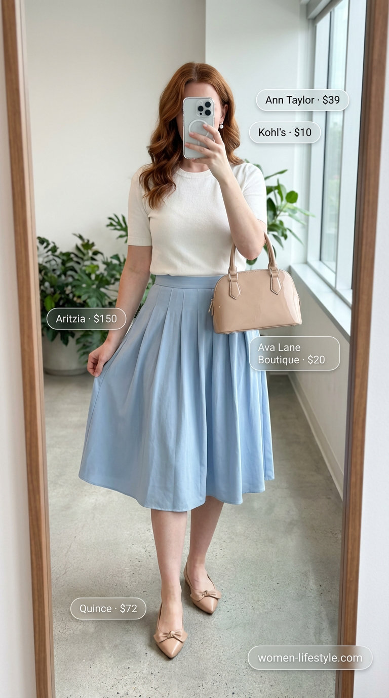 Cheerful preppy pastel power Summer Business Casual Outfits 2026 showcasing a sky blue pleated midi skirt, white knit top, and nude ballet flats. Great for office.