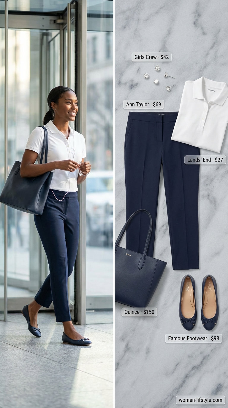 A preppy and smart navy and white Summer Business Casual Outfits 2026 for women. It features navy blue tailored ankle-length cigarette pants, a white fitted knit polo shirt, navy leather ballet flats, a tan leather tote bag, and delicate silver stud earrings, great for a team meeting.